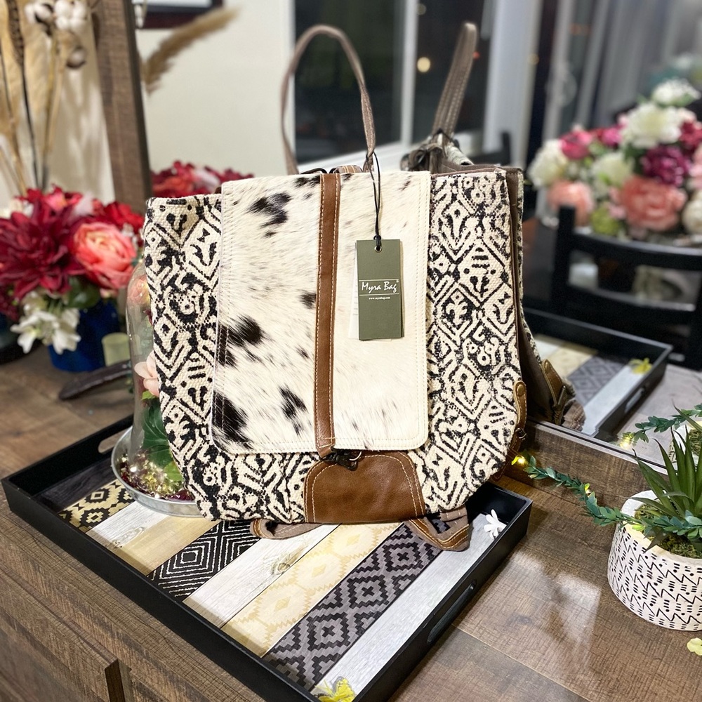 ❤️Myra Bag Backpack- patterned background with hairon top flap. NWT.